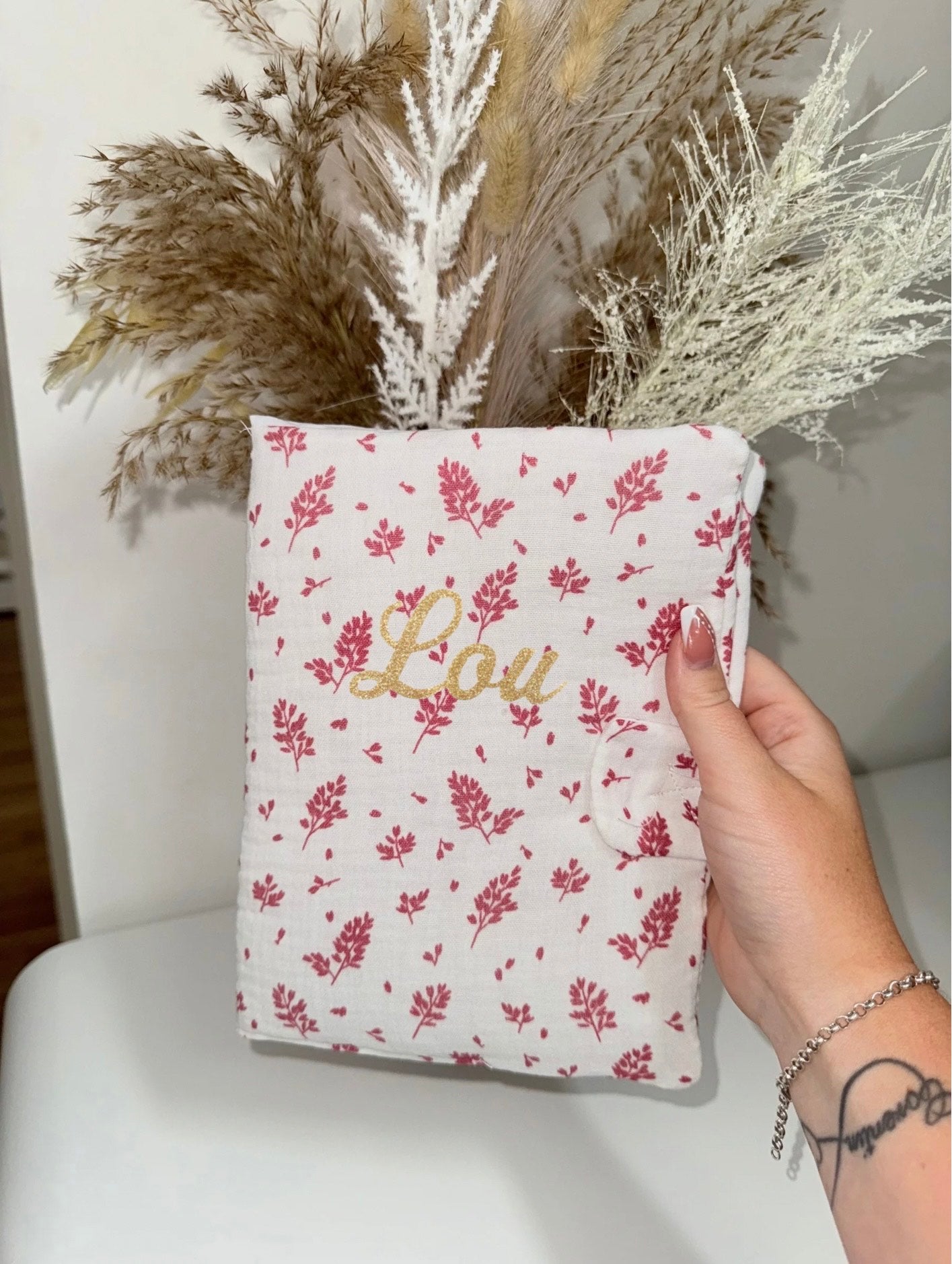 Protège carnet de santé - Feuilles roses