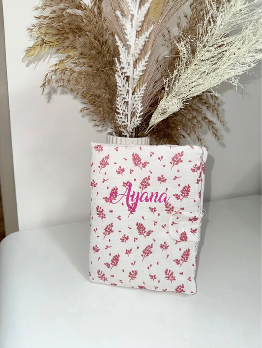 Protège carnet de santé - Feuilles roses